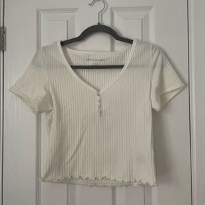 American Eagle Outfitters Women's White Ribbed V-Neck Top